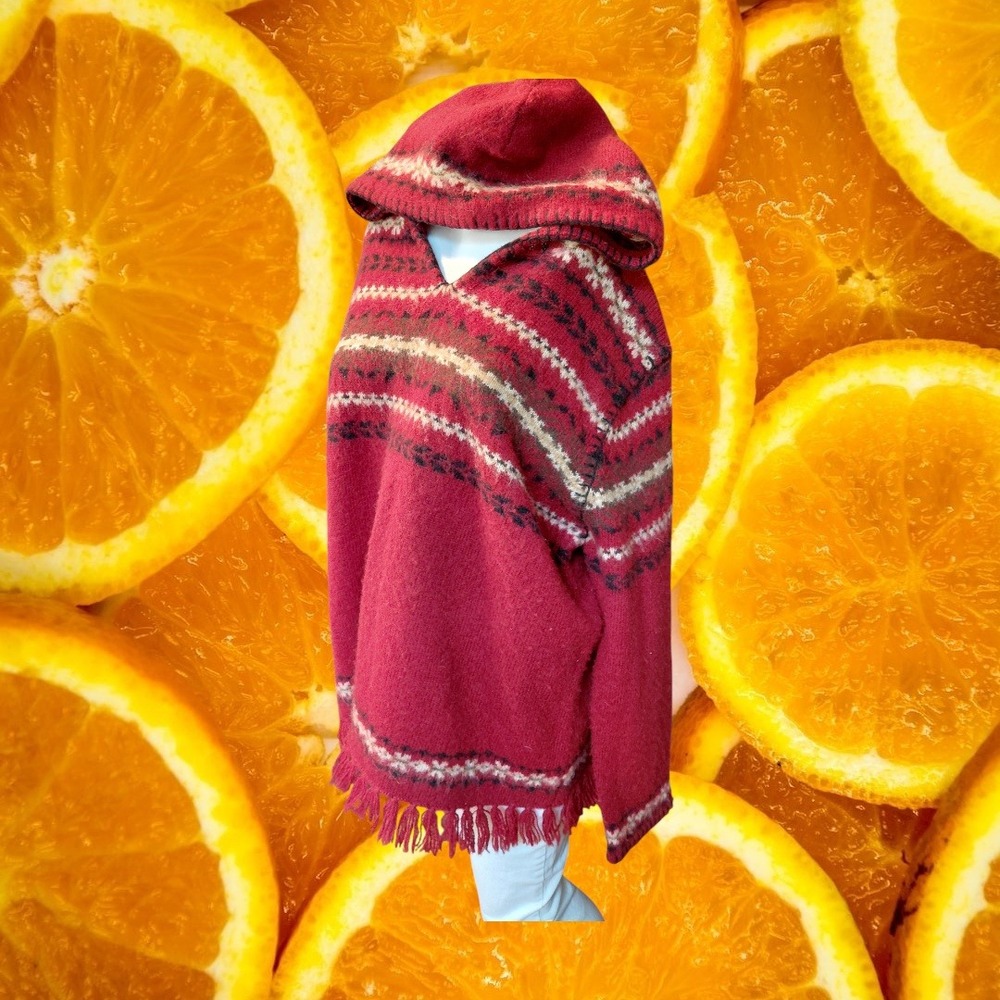 Newton Trading Co Red Wool Fair Isle Hooded Sweater Fringe Hem XL Womens